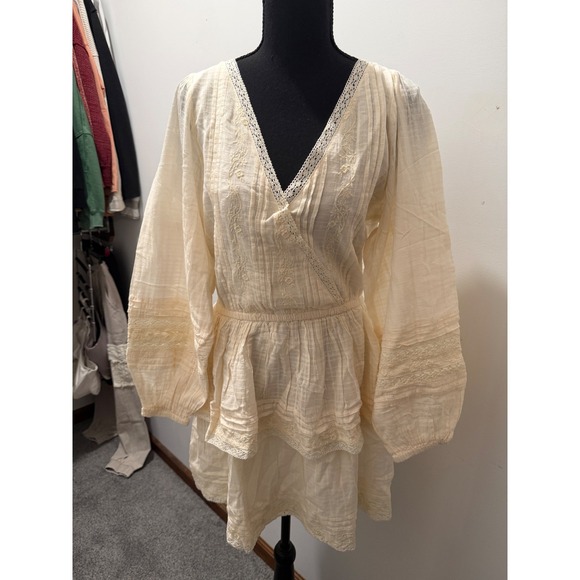 American Eagle Cream Lace Trim Embroidered Tiered Mini Dress Large 36154029 NEW - Picture 3 of 7